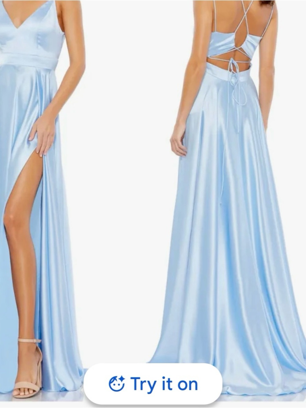 Light Blue Satin Backless Evening Gown with Thigh Slit